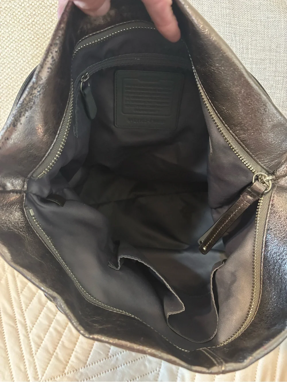 Coach Metallic Leather Tote Shoulder Bag – Pewter Gunmetal | Large Everyday Purs